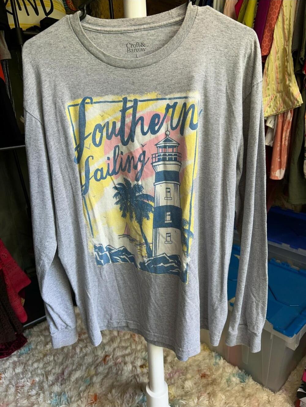 Croft & Barrow Southern Sailing Graphic Long Sleeve T-Shirt Gray Size Large